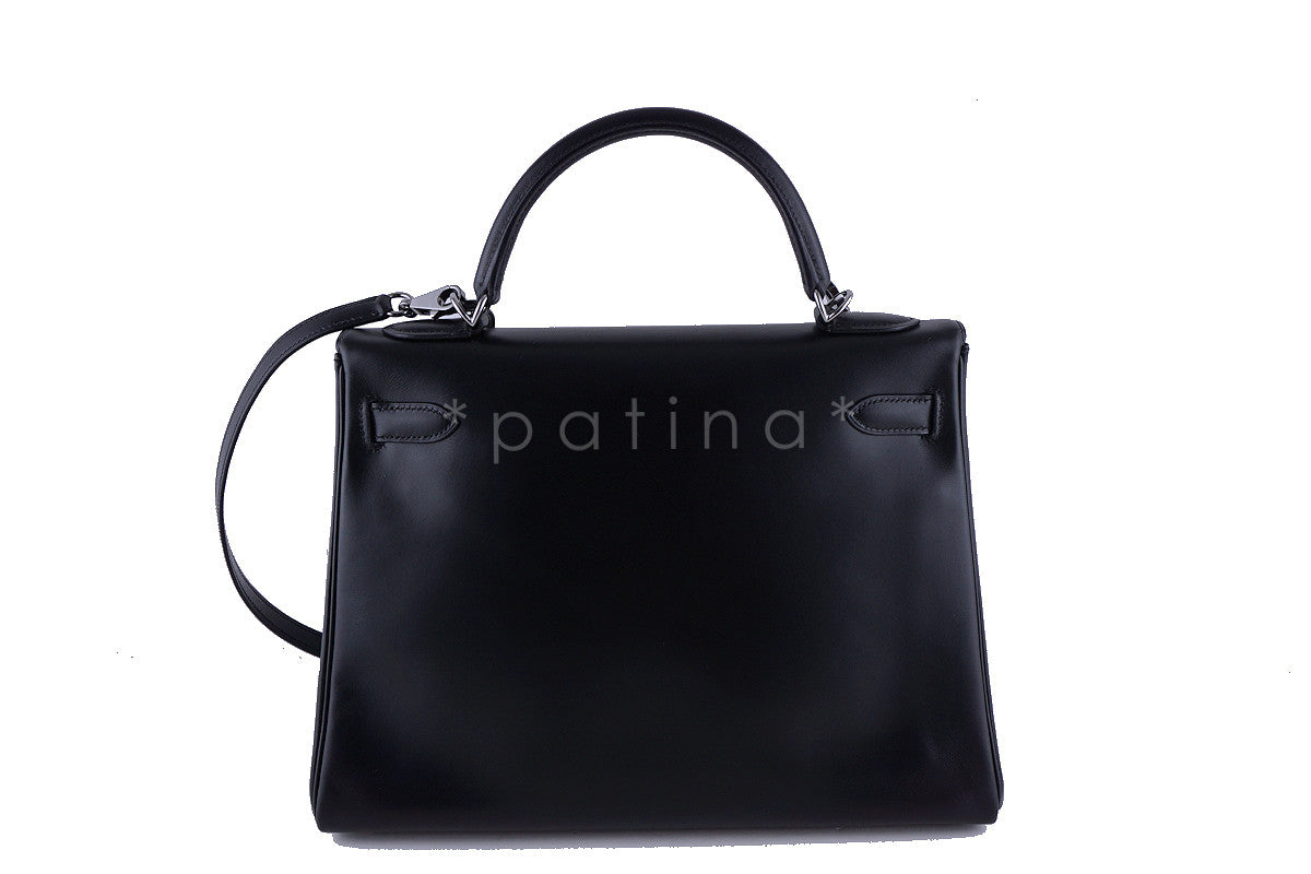 Hermes Black 32cm Box calf Kelly Retourne Bag, Ruthenium HW Rare
