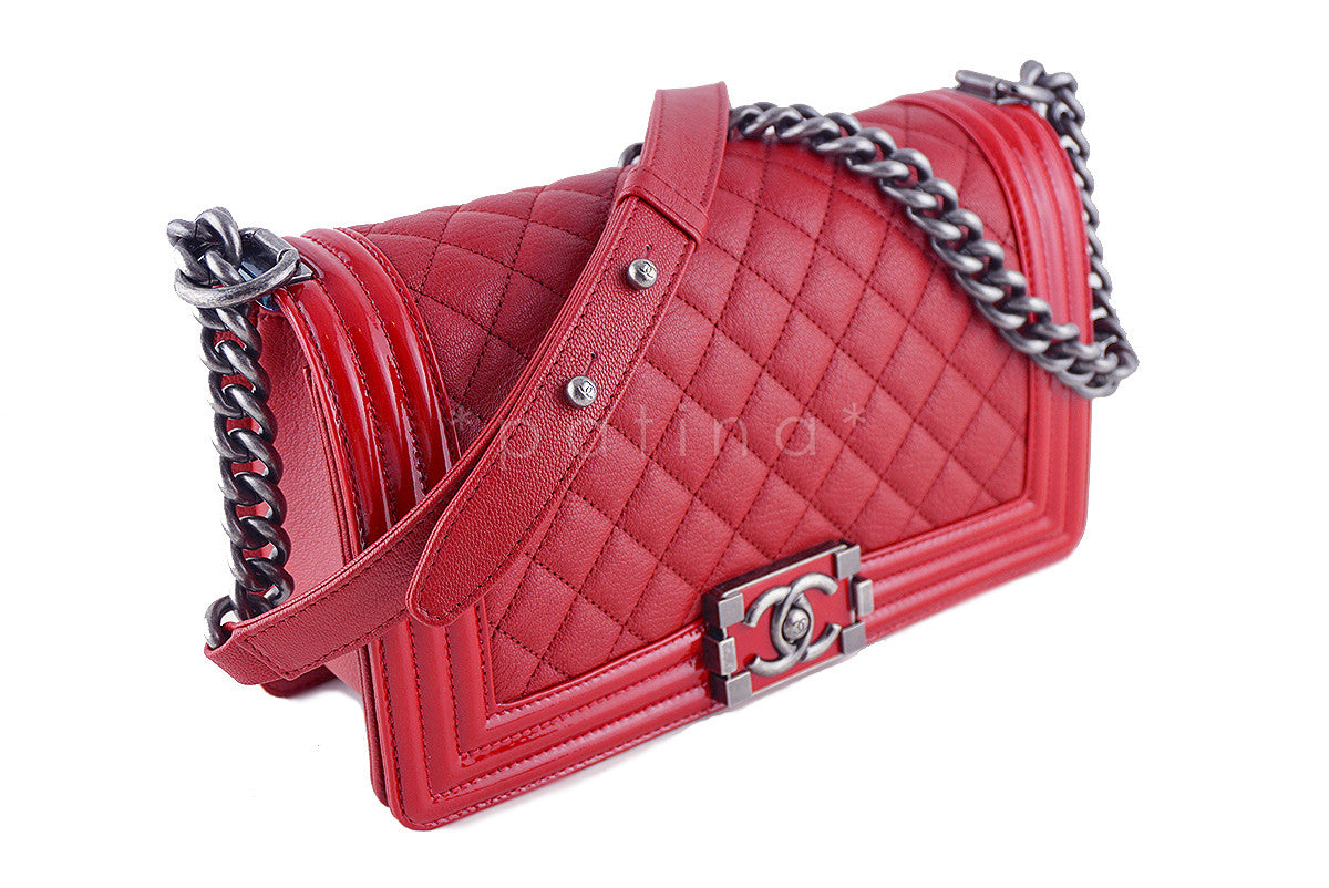 NEW 15B Chanel Red Le Boy Bag, Medium Goatskin Classic Flap