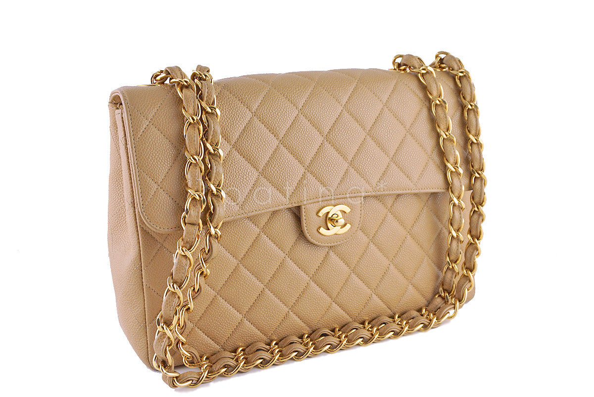 Chanel Beige Caviar Jumbo Quilted Classic 2.55 Flap Bag