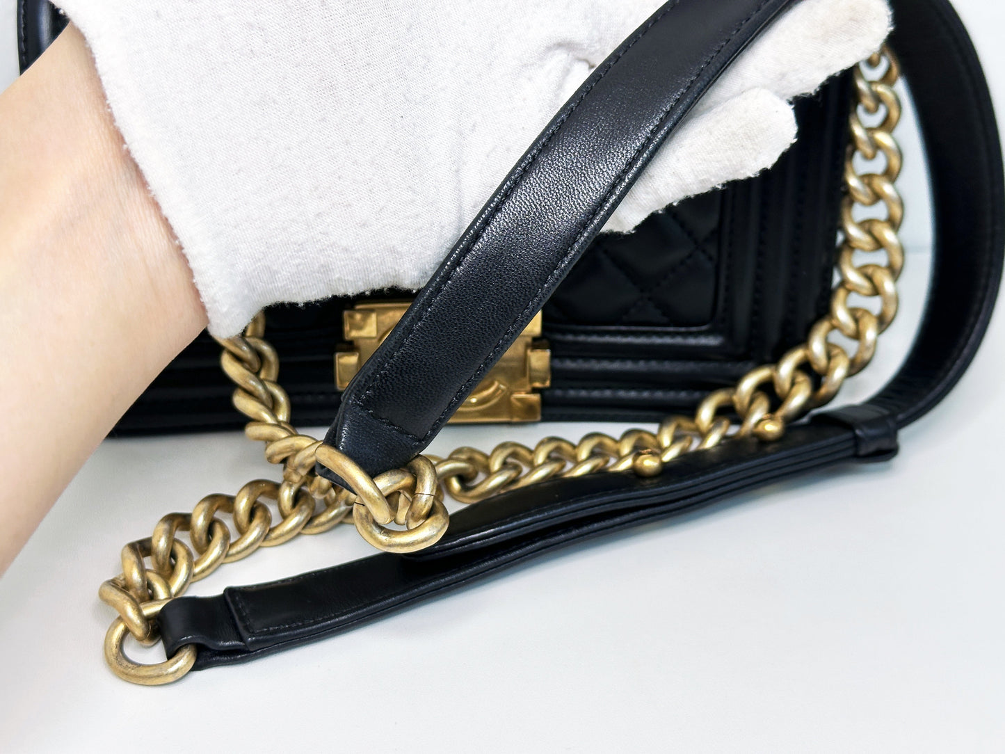 CHANEL SMALL BOY BAG CAVIAR BLACK GHW 2457 holo card