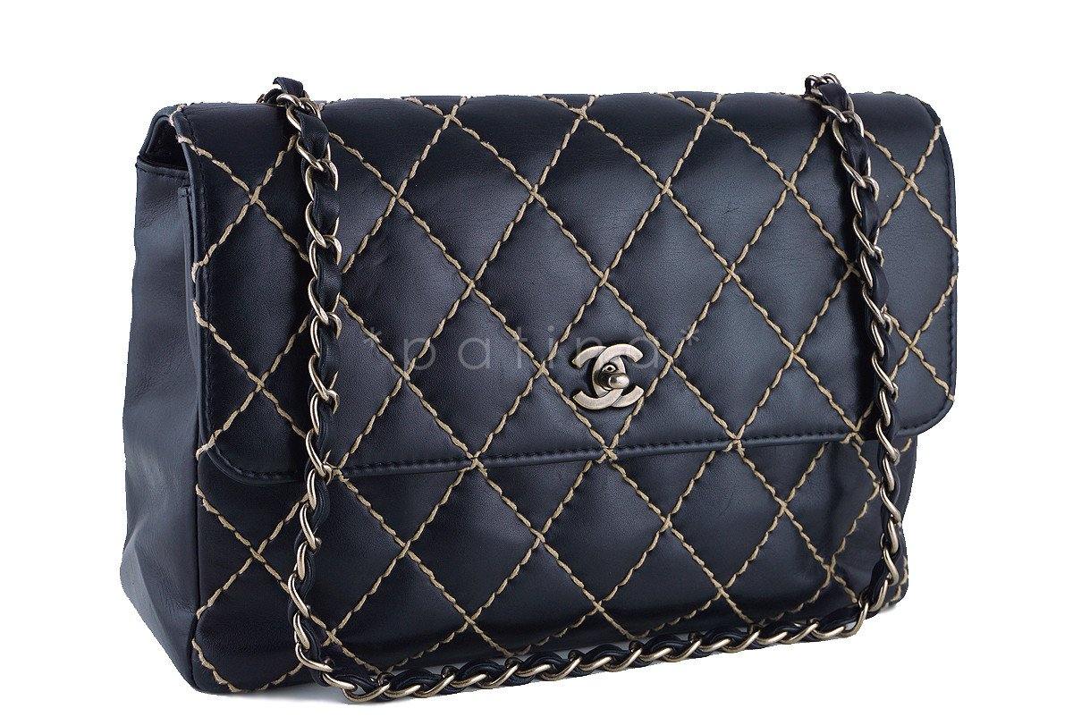 Chanel Black Contrast Stitch Surpique Jumbo Classic Flap Bag