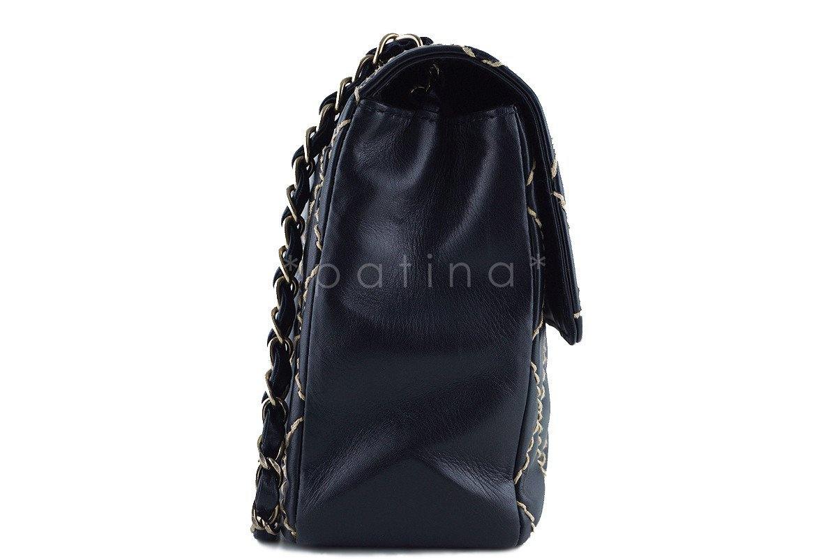 Chanel Black Contrast Stitch Surpique Jumbo Classic Flap Bag