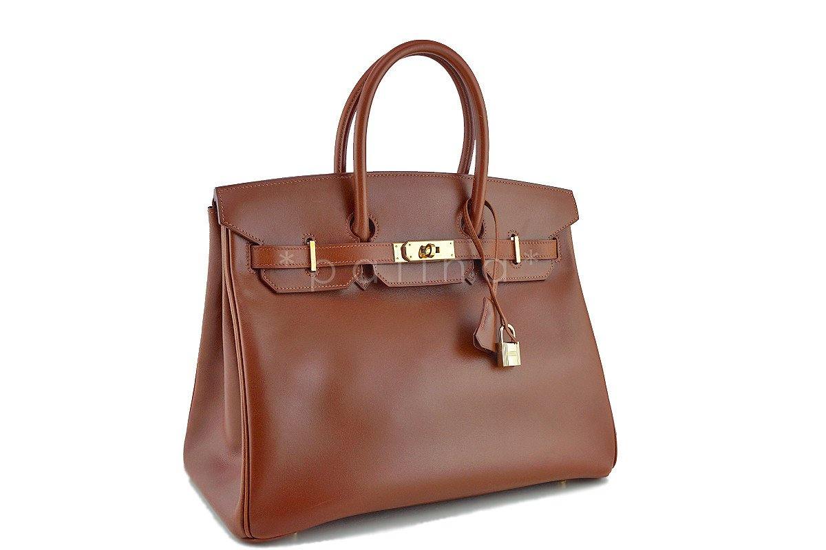 Hermes Noisette Box Calf 35cm Birkin Bag Gold HW 48L