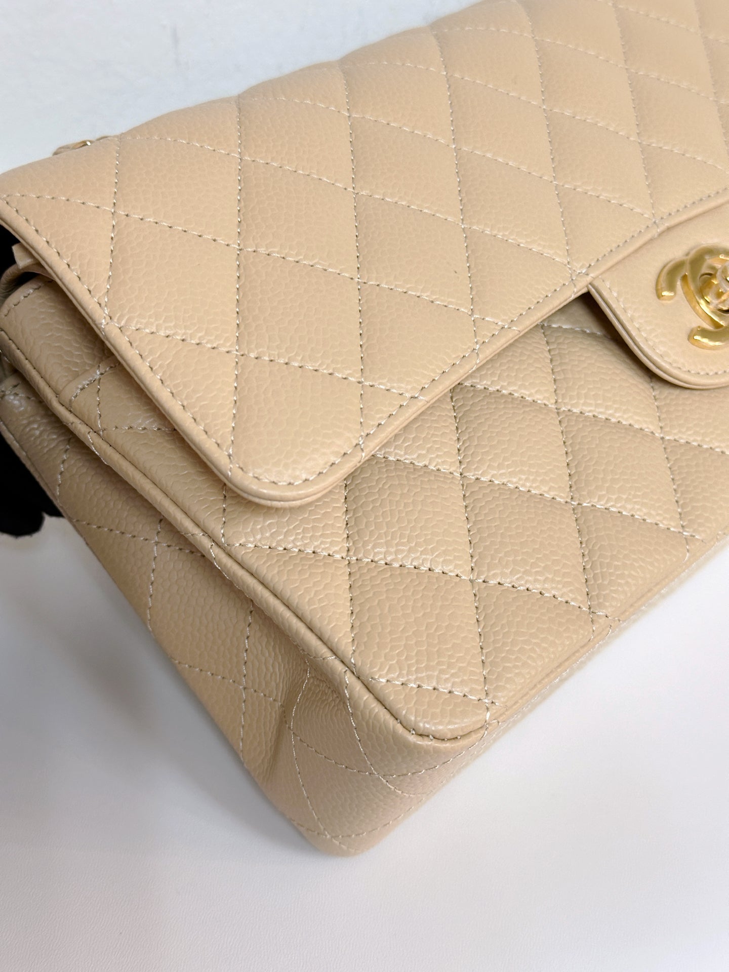 Chanel Medium Beige Classic Caviar Double Flap Bag GHW Microchip Singapore local Receipt