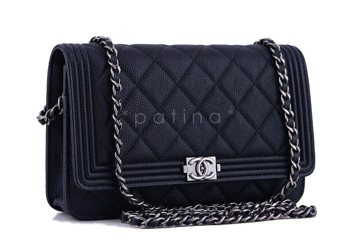 NWT 16A Chanel Black Caviar Boy Classic Quilted WOC Wallet on Chain Flap Bag
