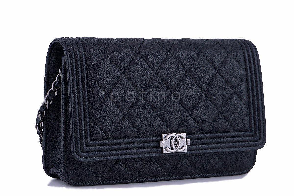 NWT 16A Chanel Black Caviar Boy Classic Quilted WOC Wallet on Chain Flap Bag