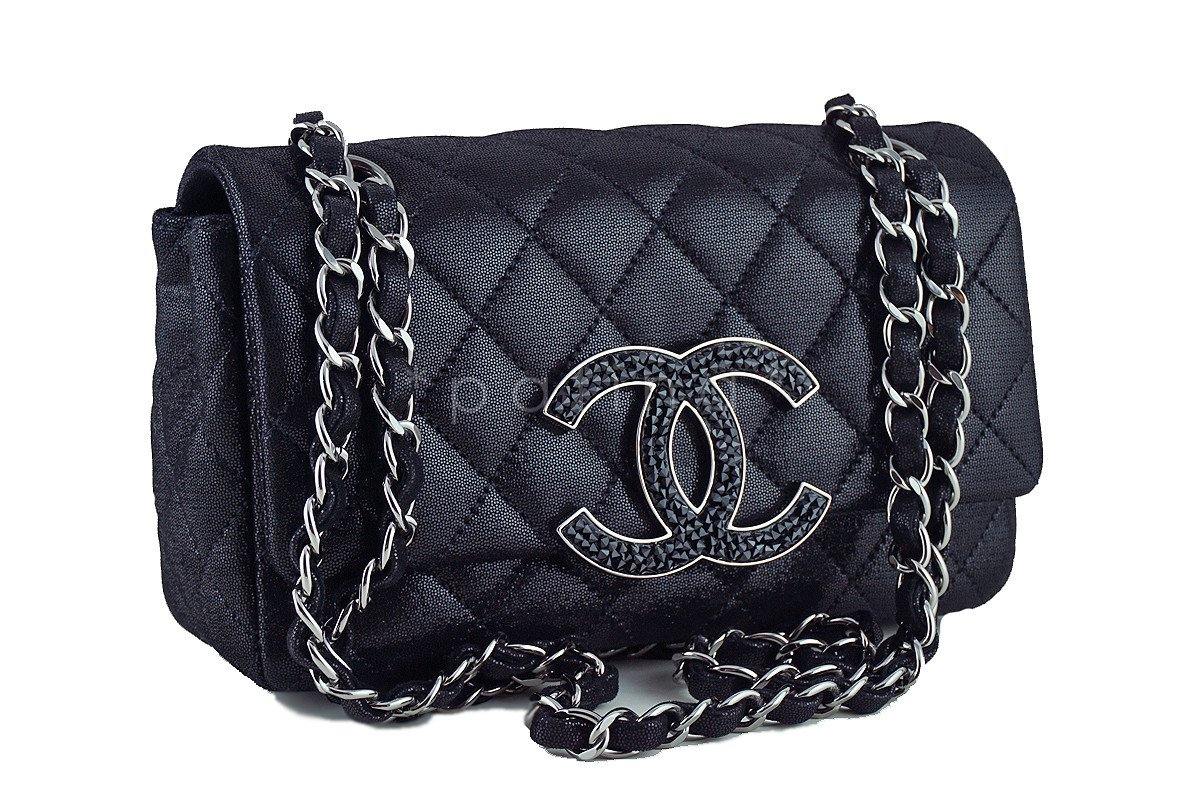 Chanel Metallic Black Crystals Jumbo CC Classic Rectangular Mini Flap Bag