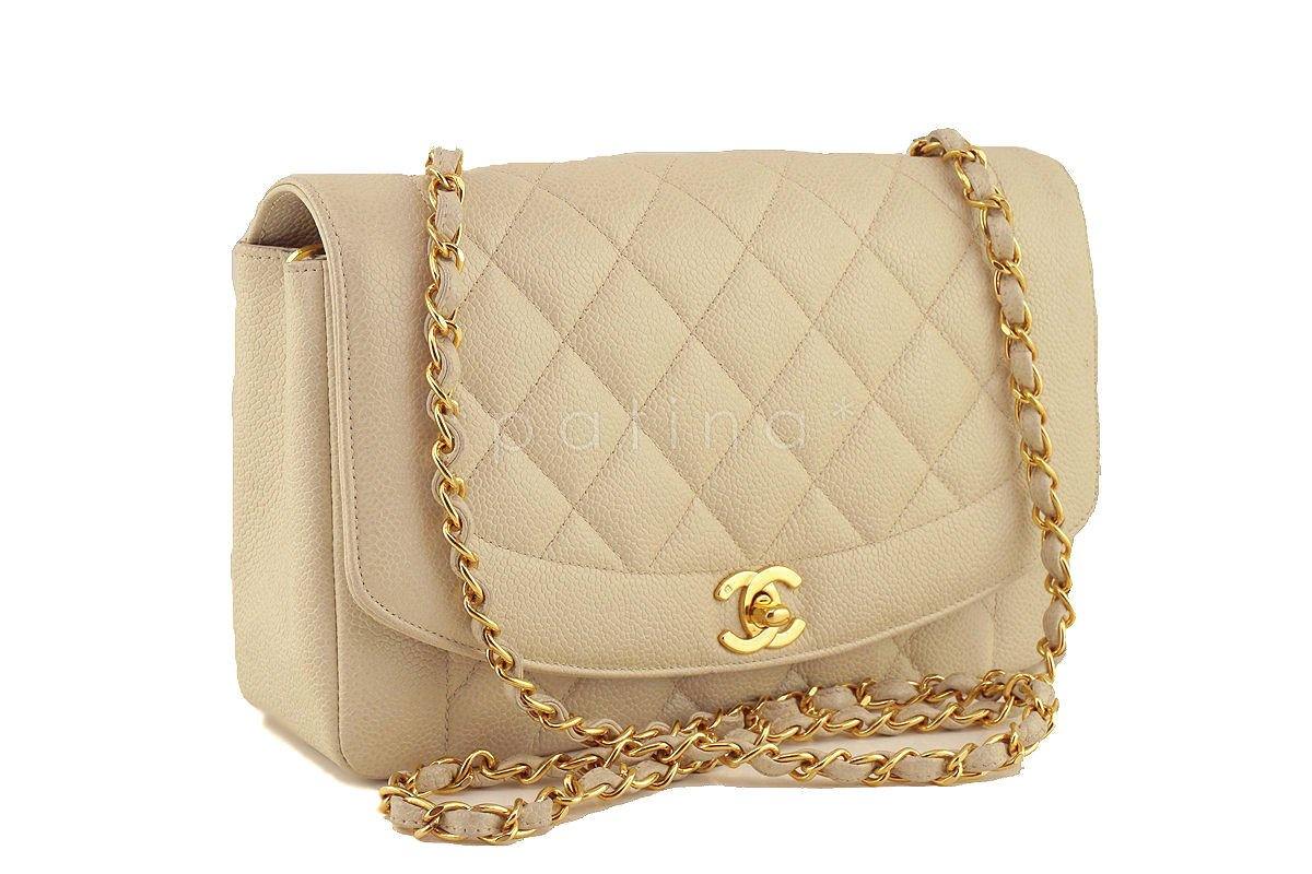Chanel Light Beige Caviar Vintage Quilted Classic "Diana" Flap Bag