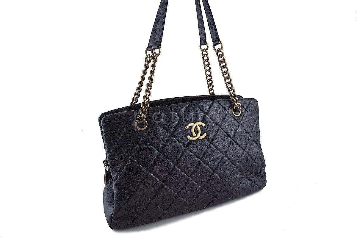 Chanel Black Classic CC Quilted Shopping Tote GST Bag