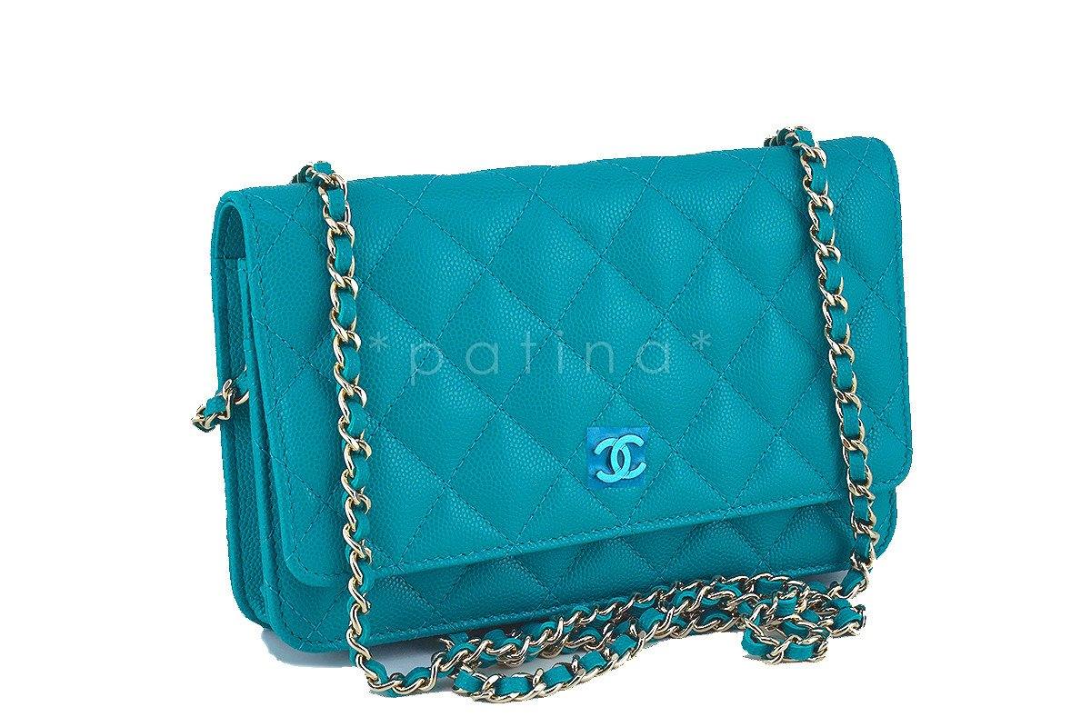 NWT 17C Chanel Turquoise Caviar Classic Quilted WOC Wallet on Chain Flap Bag