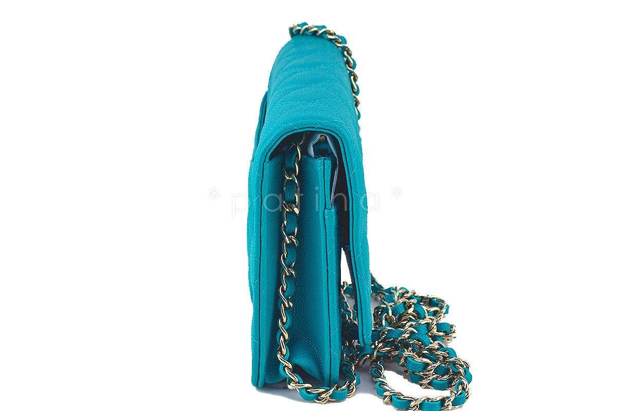 NWT 17C Chanel Turquoise Caviar Classic Quilted WOC Wallet on Chain Flap Bag