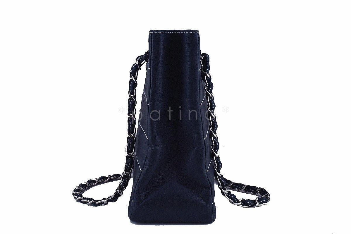 Chanel Navy Blue Contrast Stitch Quilted Shopper Tote Bag