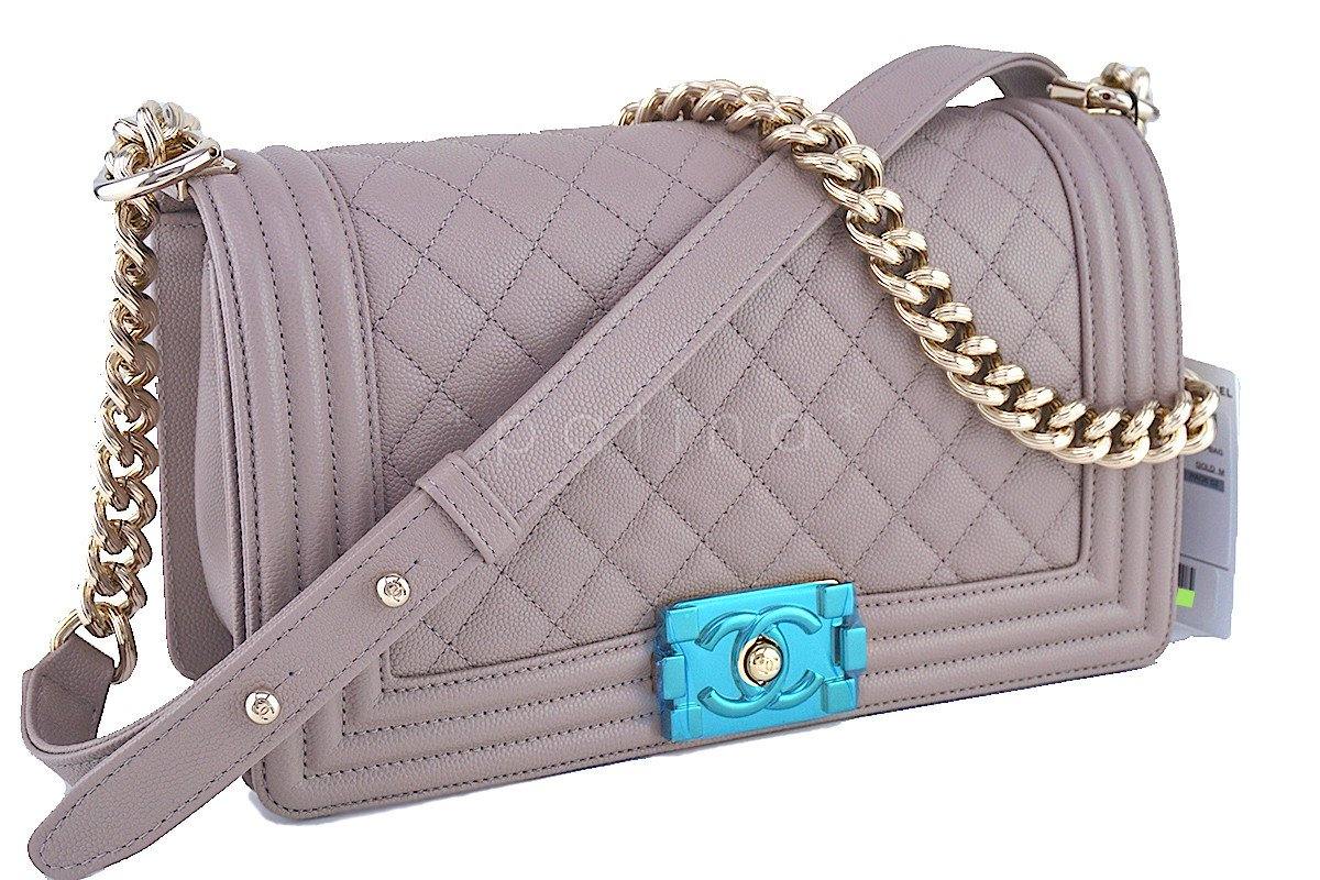 NWT 17P Chanel Taupe Nude Gray Le Boy Classic Flap, Medium Caviar Bag