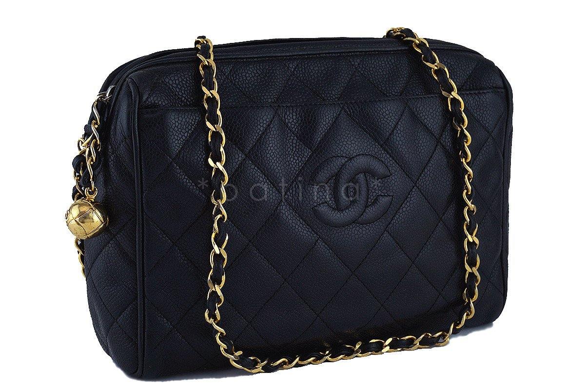 Chanel Vintage Black Caviar Classic Quilted Camera Case w Pocket Bag