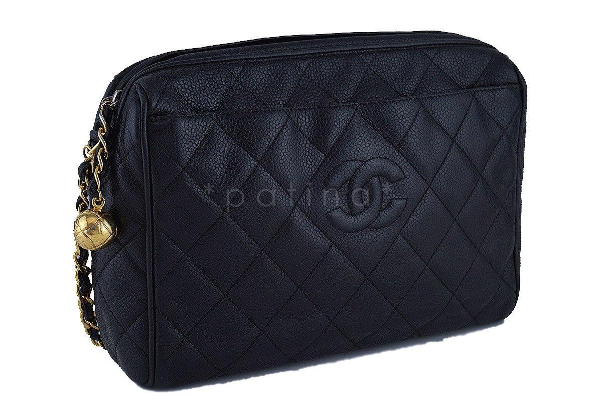 Chanel Vintage Black Caviar Classic Quilted Camera Case w Pocket Bag