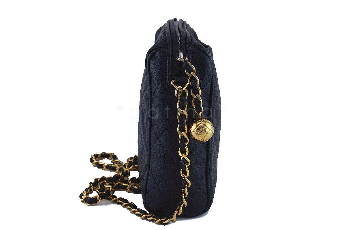 Chanel Vintage Black Caviar Classic Quilted Camera Case w Pocket Bag