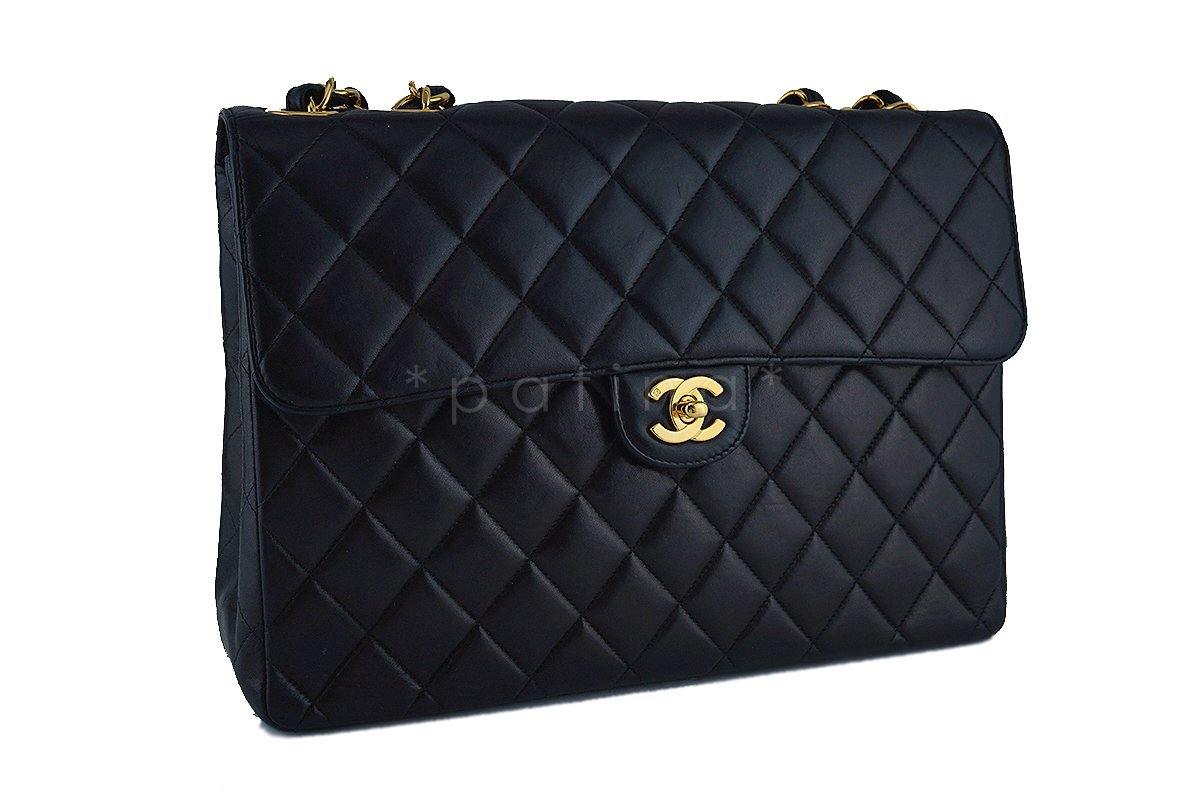 Chanel Black Lambskin Jumbo Quilted Classic 2.55 Flap Bag 24k Gold Plated 9TC