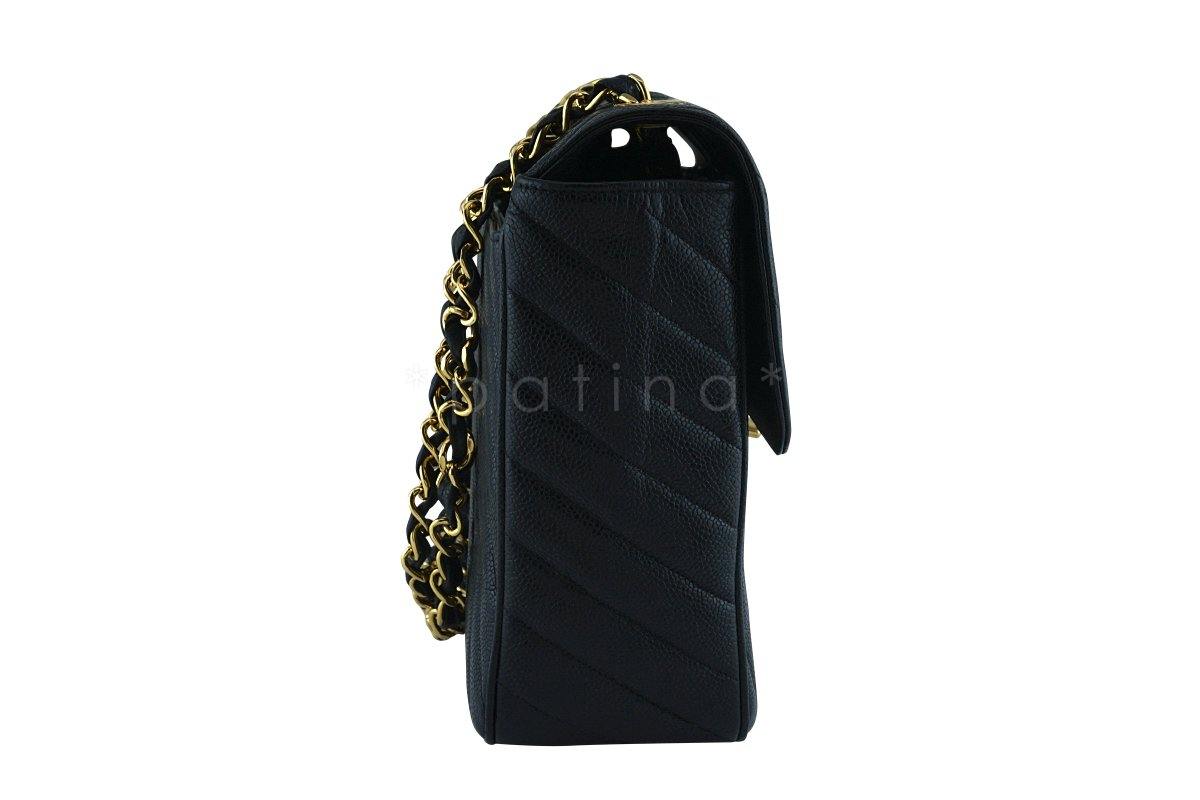 Chanel Vintage Black Caviar Chevron Maxi Classic Jumbo XL Flap Bag