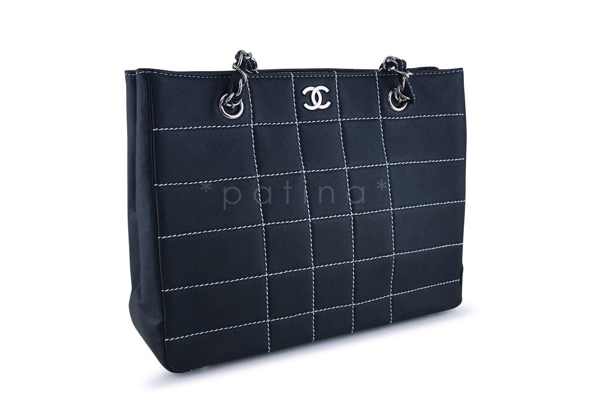 Chanel Navy Blue-Black Contrast Stitch Quilted Shopper Tote Bag