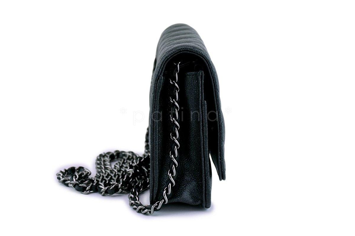 New Chanel Black Iridescent Caviar Classic Quilted WOC Wallet on Chain Flap Bag