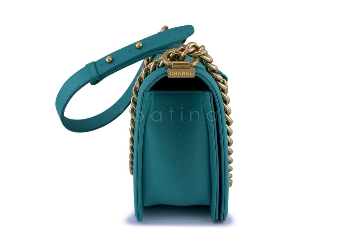 Pristine 17C Chanel Turquoise Blue Boy Classic Flap, Medium Lambskin Bag GHW