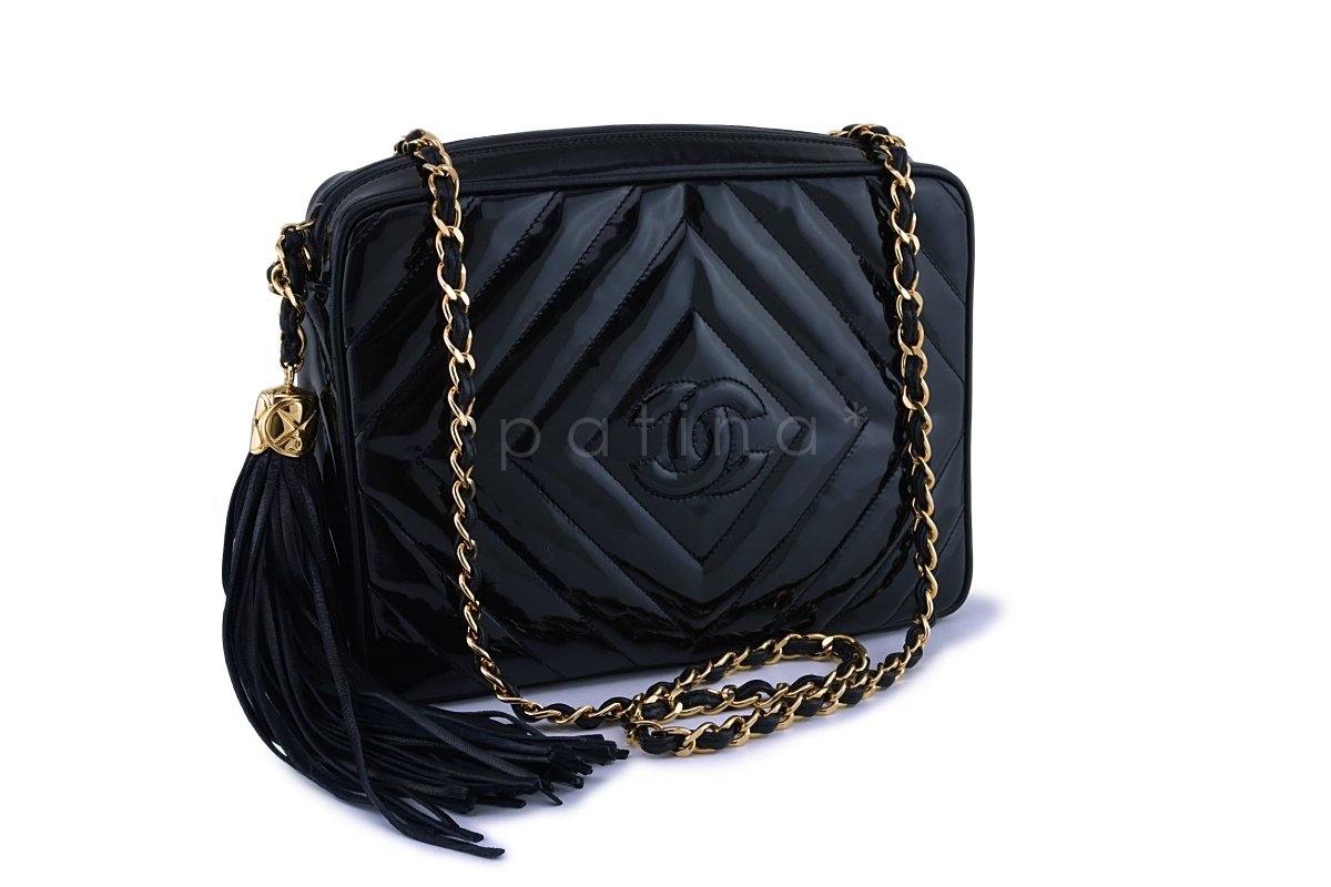 Chanel Pristine Vintage Black Patent Classic Quilted Camera Case Bag