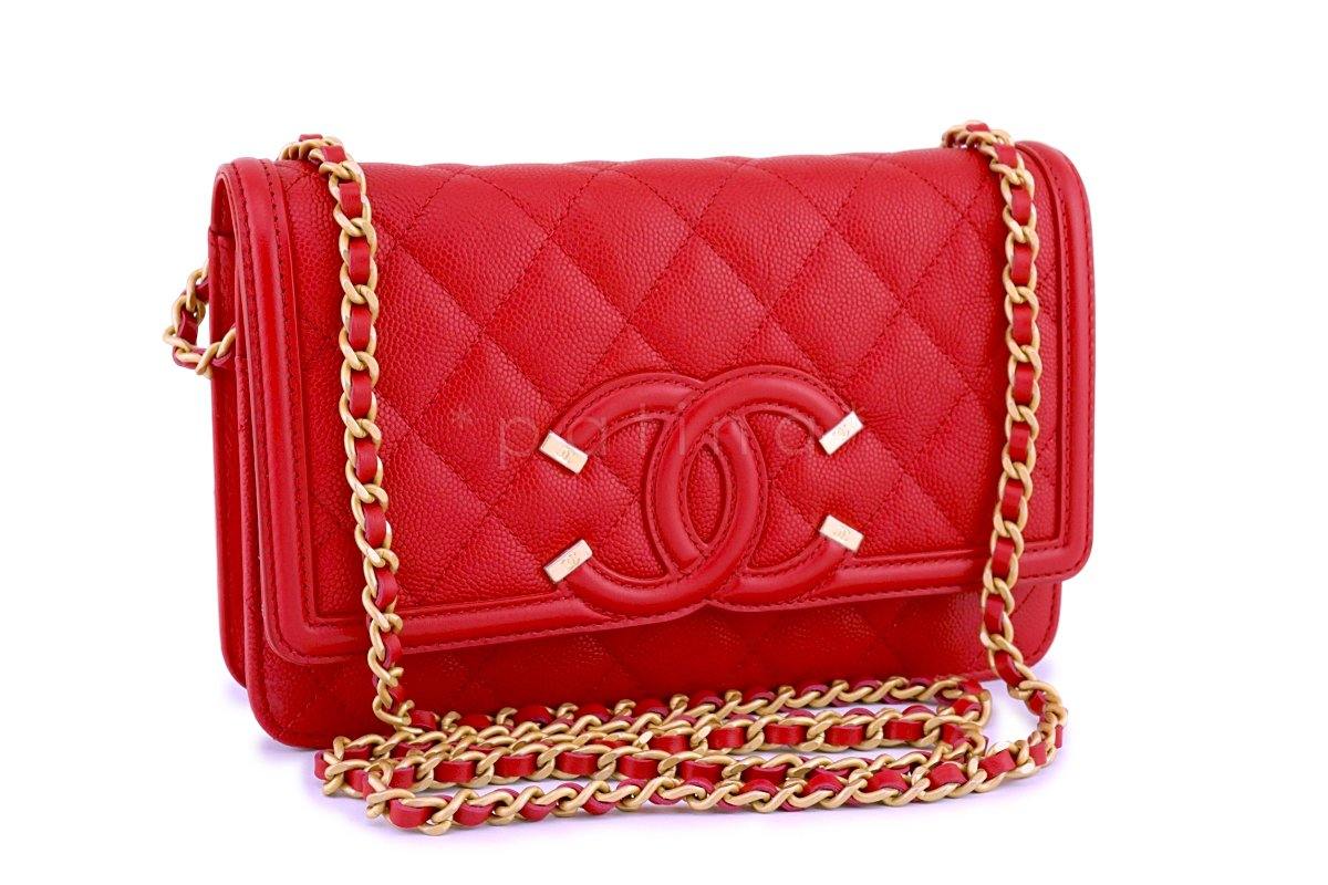 NWT 18P Chanel Red Caviar Filligree WOC Wallet on Chain Flap Bag