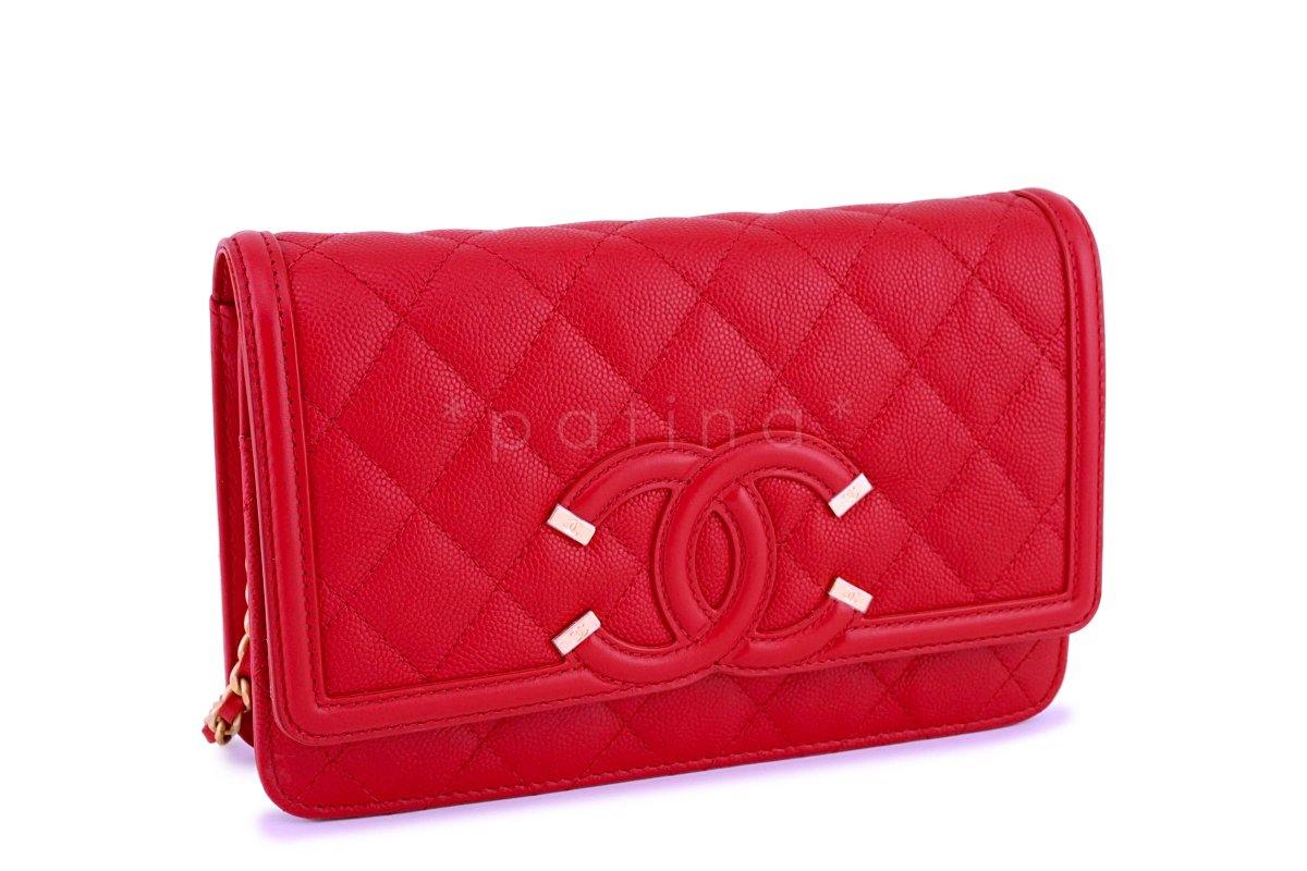 NWT 18P Chanel Red Caviar Filligree WOC Wallet on Chain Flap Bag