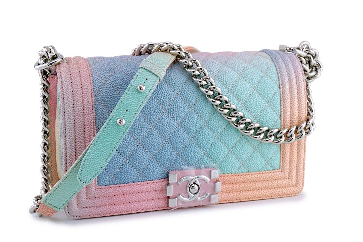 New 18P Chanel Multicolor Rainbow Caviar Medium Classic Boy Flap Bag
