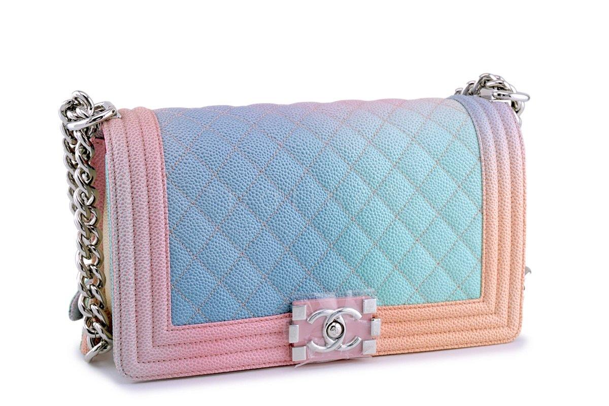 New 18P Chanel Multicolor Rainbow Caviar Medium Classic Boy Flap Bag