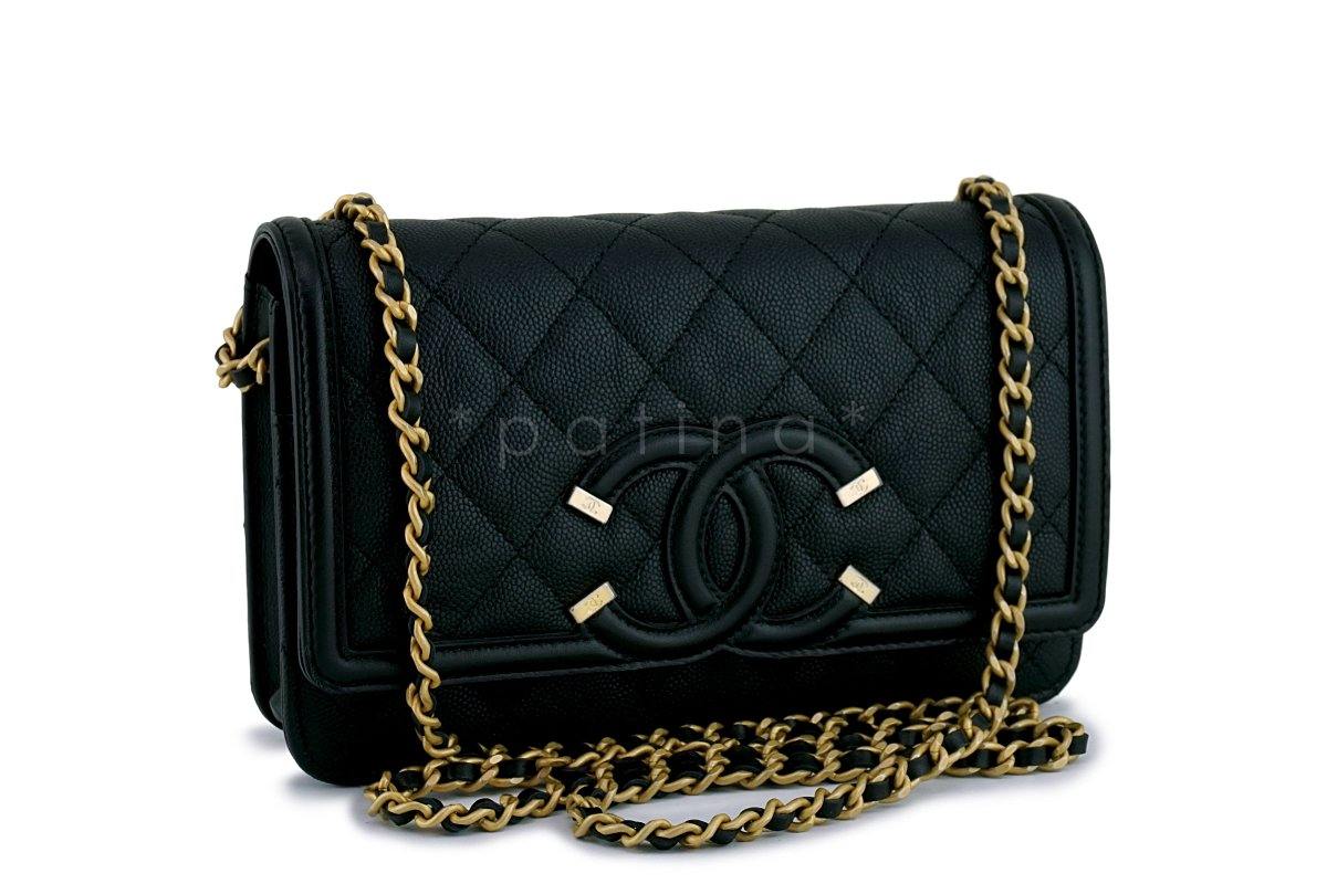 NIB Chanel Black Caviar Filligree WOC Wallet on Chain Flap Bag GHW