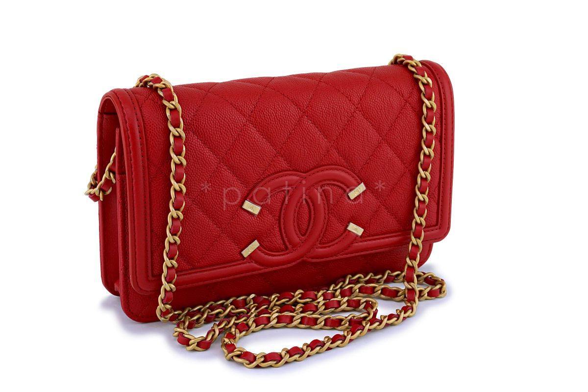 NIB 18P Chanel Red Caviar Filigree WOC Wallet on Chain Flap Bag