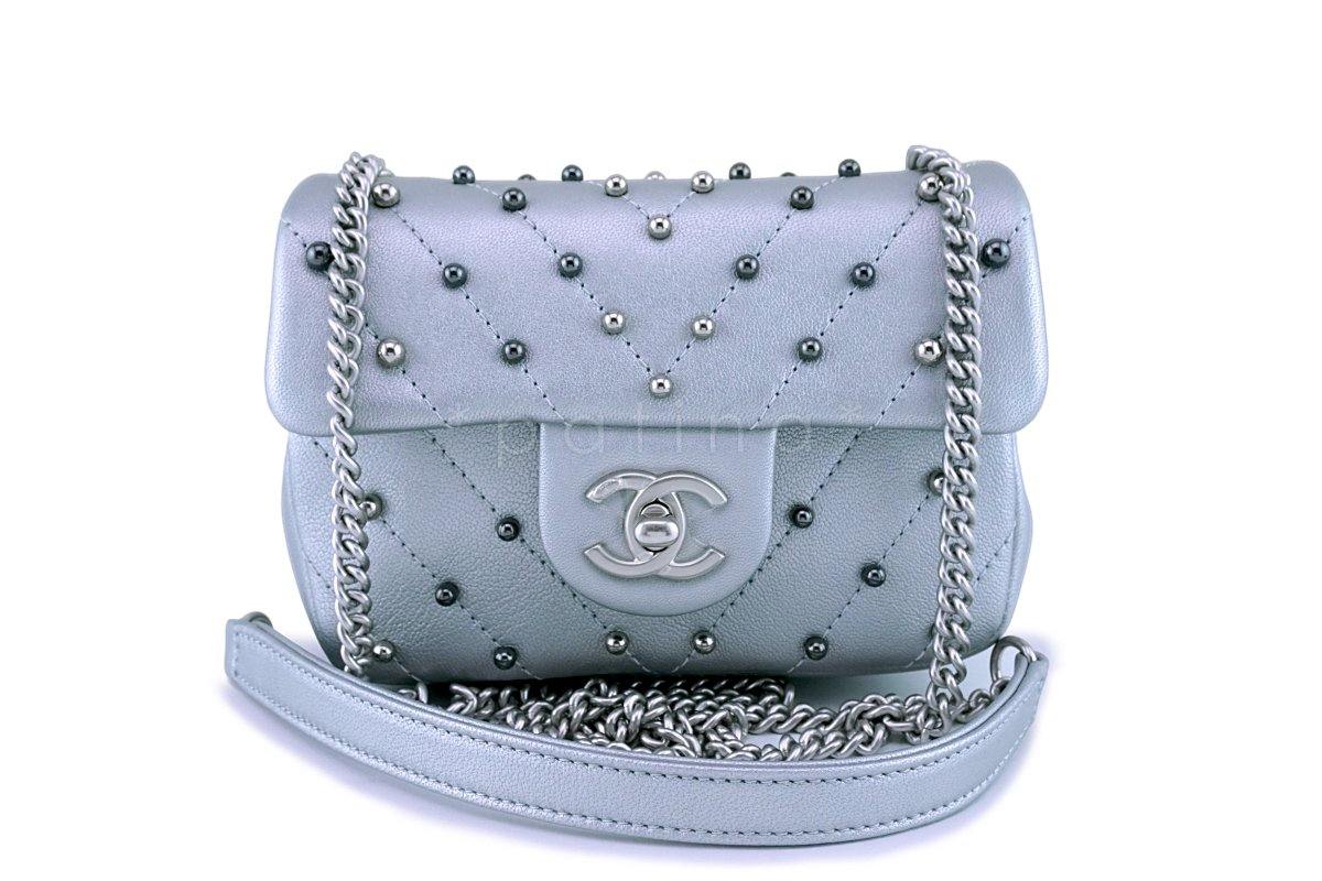 Chanel Silver Pearl Chevron Quilted Classic Mini Flap Bag Limited
