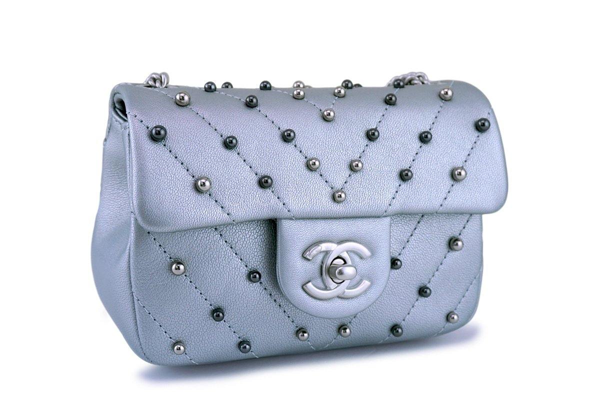 Chanel Silver Pearl Chevron Quilted Classic Mini Flap Bag Limited