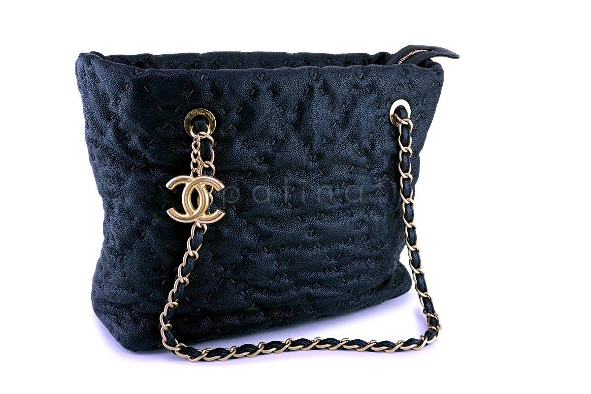 Chanel Dark Blue-Black Quilted Caviar Brushed Gold Charm Tote Bag