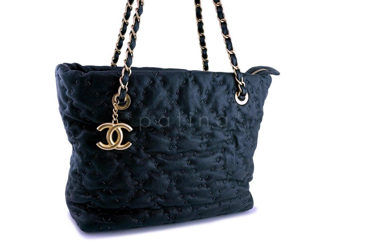 Chanel Dark Blue-Black Quilted Caviar Brushed Gold Charm Tote Bag