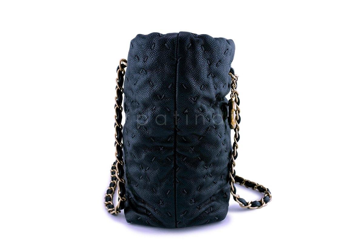Chanel Dark Blue-Black Quilted Caviar Brushed Gold Charm Tote Bag