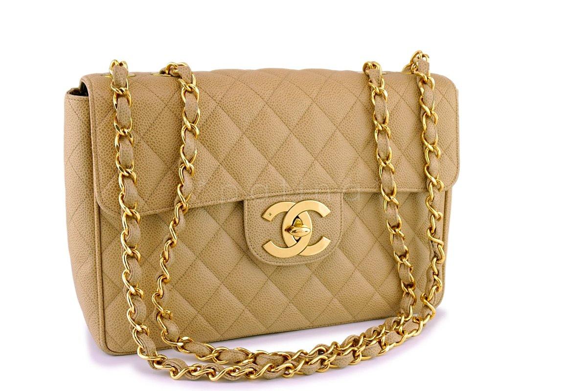 Chanel Vintage Caviar Camel Beige Jumbo Classic Flap Bag 24k GHW