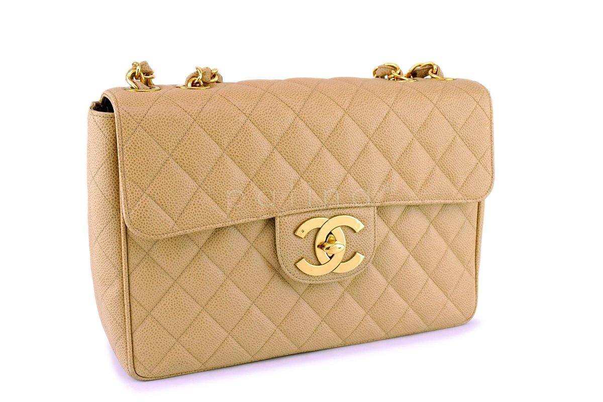 Chanel Vintage Caviar Camel Beige Jumbo Classic Flap Bag 24k GHW