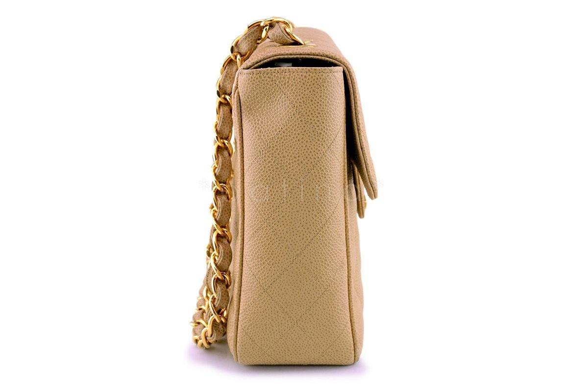 Chanel Vintage Caviar Camel Beige Jumbo Classic Flap Bag 24k GHW