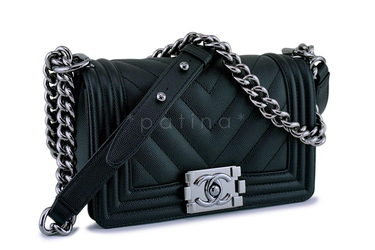New 18S Chanel Black Caviar Chevron Small Boy Classic Flap Bag RHW