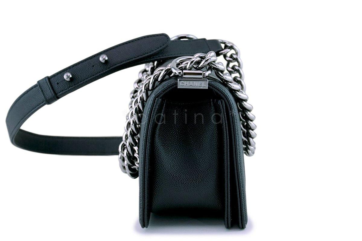 New 18S Chanel Black Caviar Chevron Small Boy Classic Flap Bag RHW