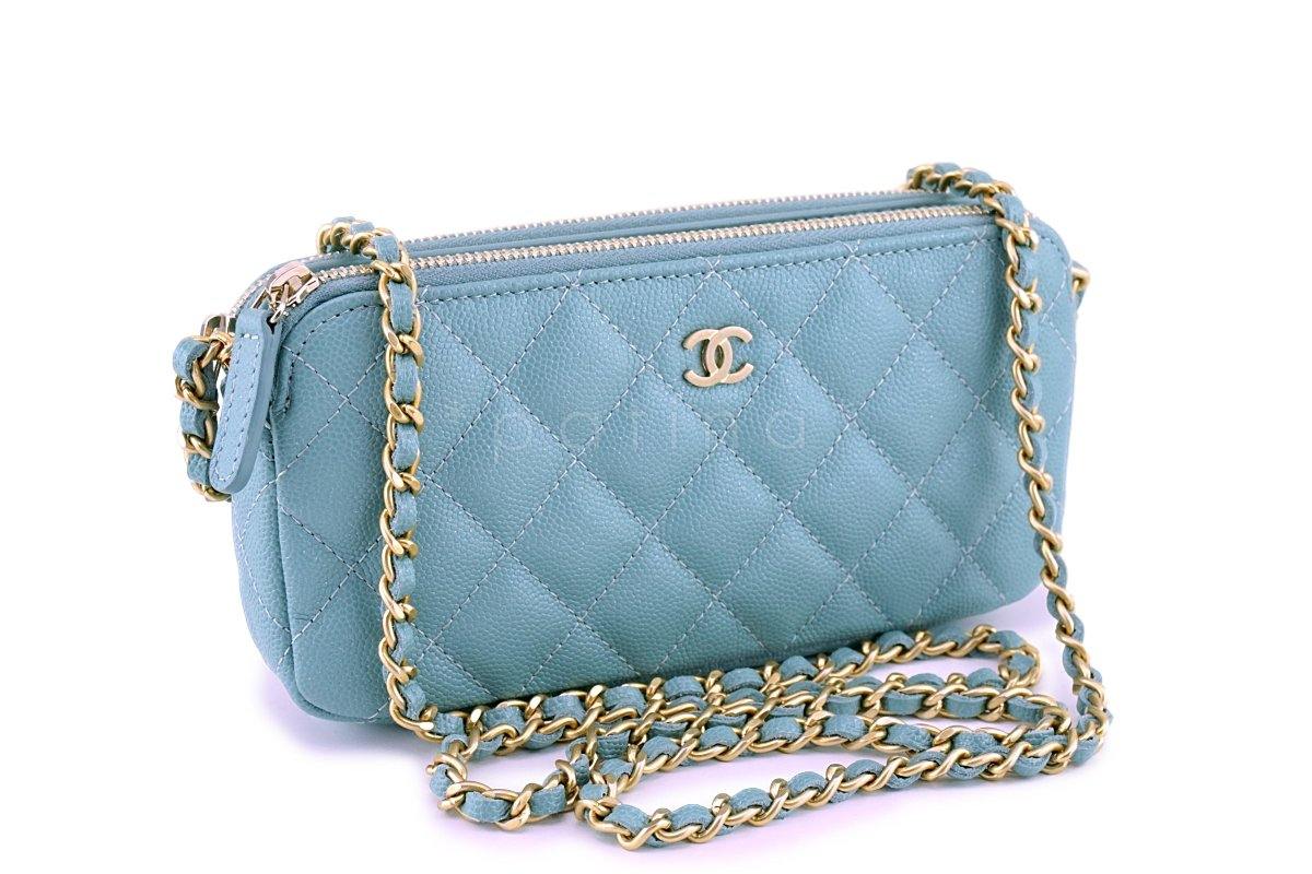 New 18C Chanel Irisdescent Blue Caviar Double Zip Wallet on Chain Clutch WOC Bag