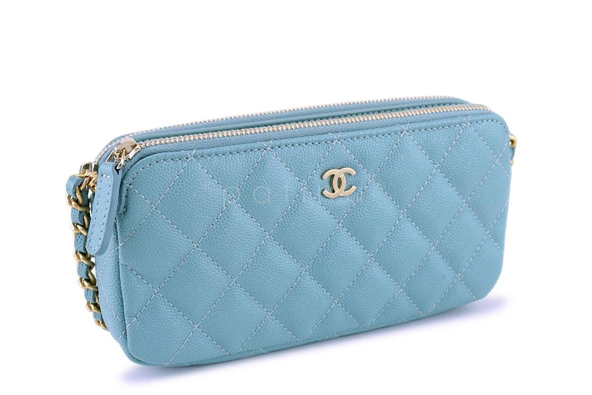 New 18C Chanel Irisdescent Blue Caviar Double Zip Wallet on Chain Clutch WOC Bag