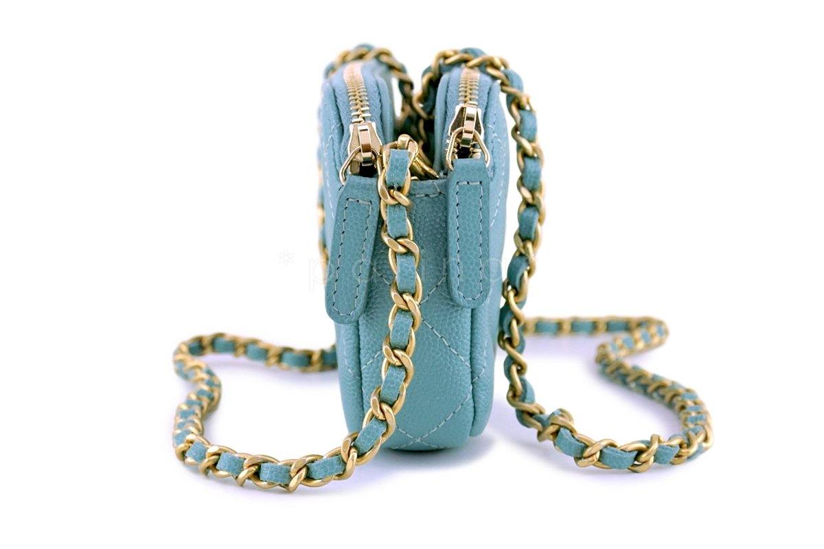 New 18C Chanel Irisdescent Blue Caviar Double Zip Wallet on Chain Clutch WOC Bag