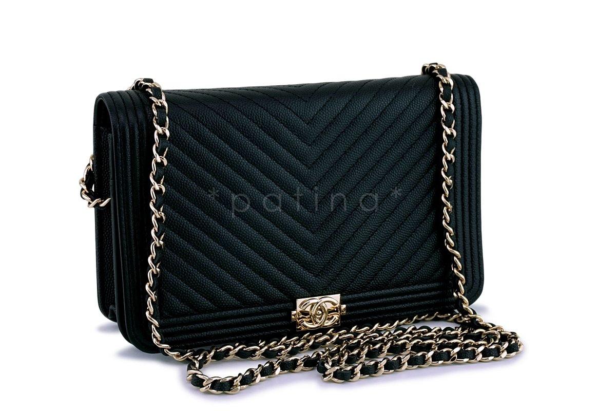 NIB Chanel Black Caviar Chevron Boy Classic WOC Wallet on Chain Flap Bag GHW