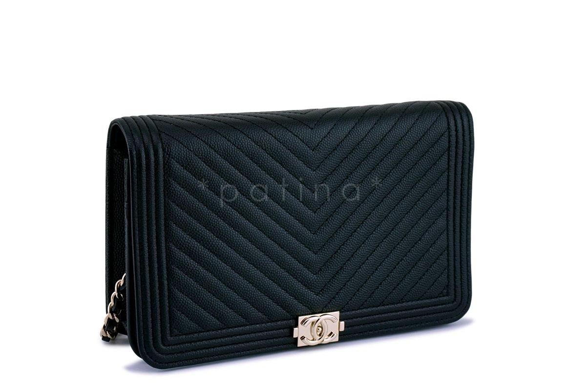 NIB Chanel Black Caviar Chevron Boy Classic WOC Wallet on Chain Flap Bag GHW