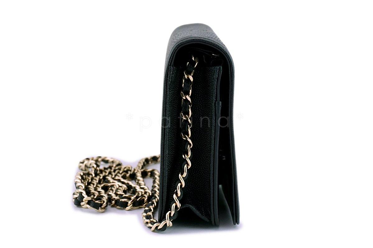 NIB Chanel Black Caviar Chevron Boy Classic WOC Wallet on Chain Flap Bag GHW