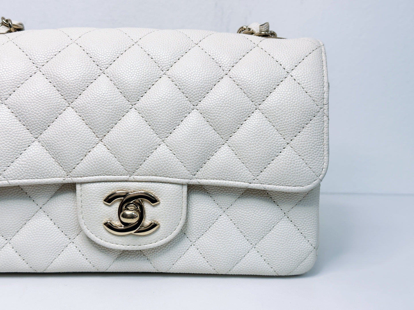 Chanel Mini Rectangular Caviar Classic White GHW 2382 holo card