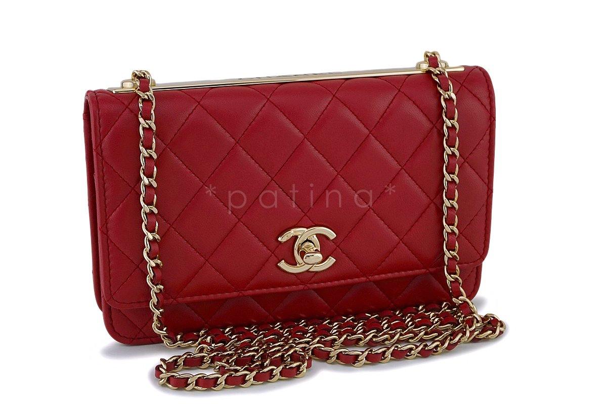 NIB 18K Chanel Red Trendy CC Wallet on Chain WOC Mini Flap Bag GHW